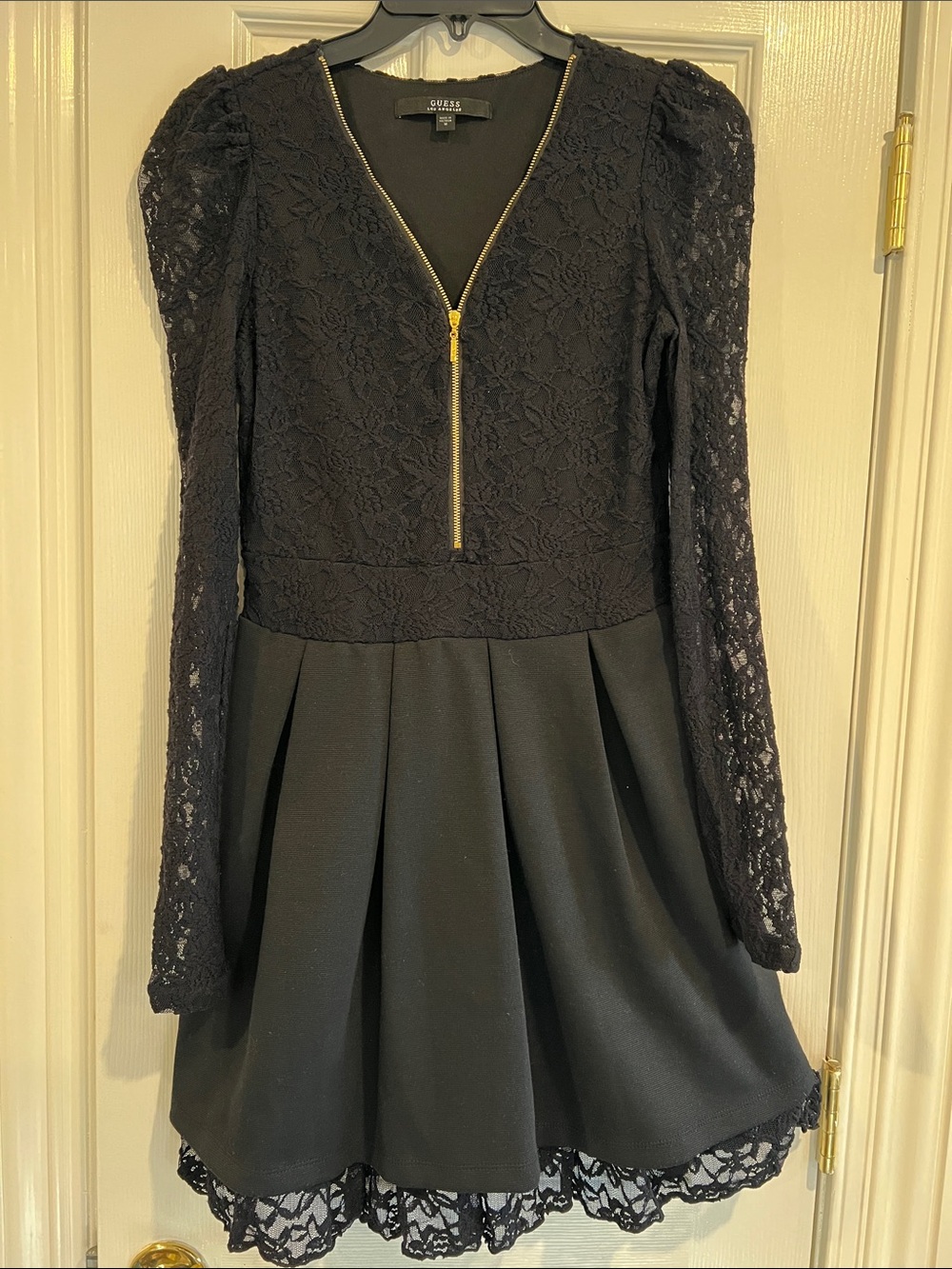 GUESS Black Lace Long-Sleeve Skater Dress with Gold Zip